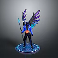 3D Fantasy Character with Purple Blue Gradient Wings Holding Spear on Blue Glowing Circular Base