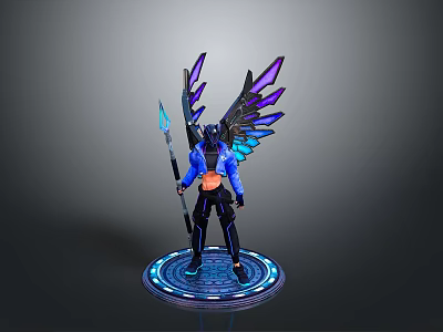 3D Fantasy Character with Purple Blue Gradient Wings Holding Spear on Blue Glowing Circular Base 3d model