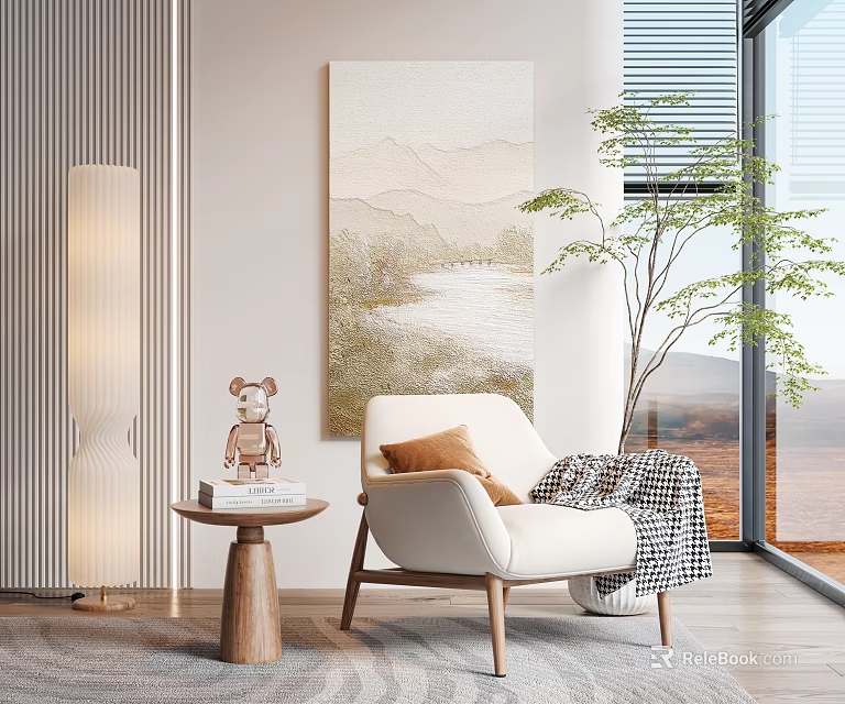 Modern Beige Single Sofa With Orange Cushion Checkered Blanket Near Green Plant And Floor Lamp 3d model 