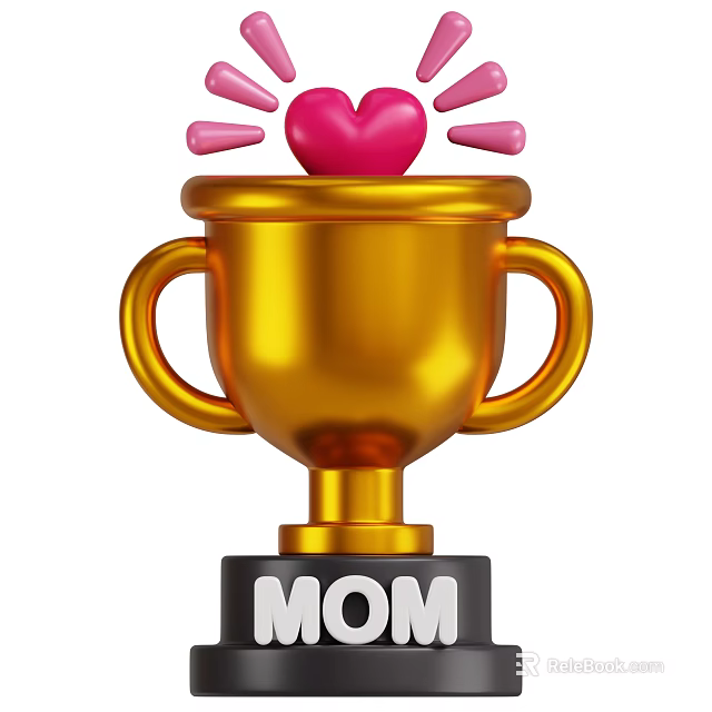 Ornamental Decor Set Featuring Gold Trophy With Pink Heart And MOM Base 3d model 