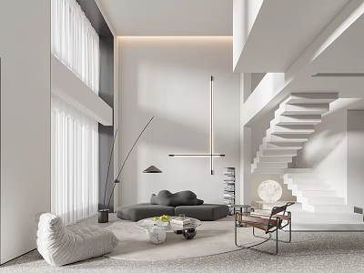 Modern Minimalist Duplex Living Room Interior Design With Staircase Sofa And Floor to Ceiling Windows 3d model