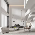 Modern Minimalist Duplex Living Room Interior Design With Staircase Sofa And Floor to Ceiling Windows
