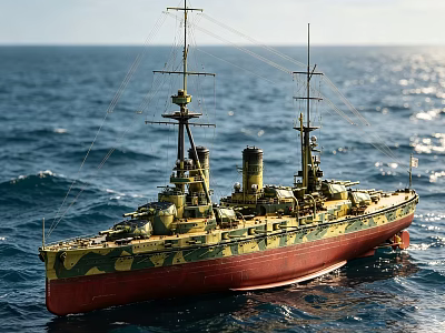Camouflaged Warship With Red Green Hull Sailing On Blue Ocean Waves 3d model