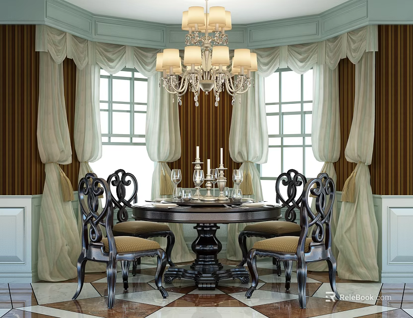 Elegant Classic Dining Table Set With Chandelier Ornate Chairs And Curtains 3d model 