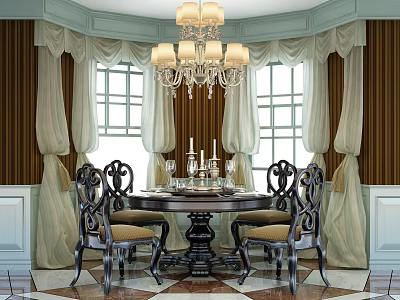 Elegant Classic Dining Table Set With Chandelier Ornate Chairs And Curtains 3d model