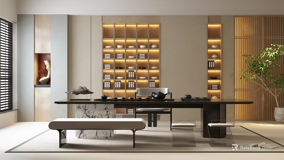 Modern Tea Room Interior With Tea Table Tea Sets Decorative Shelves And Comfortable Seating 3d model