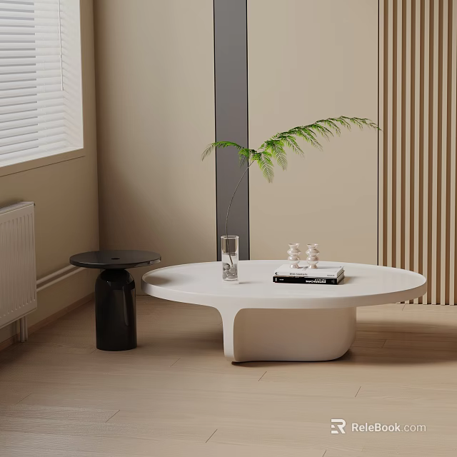 Modern Sofa Coffee Table Set With White Round Table Black Side Table And Green Plant 3d model 