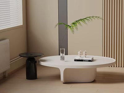 Modern Sofa Coffee Table Set With White Round Table Black Side Table And Green Plant 3d model