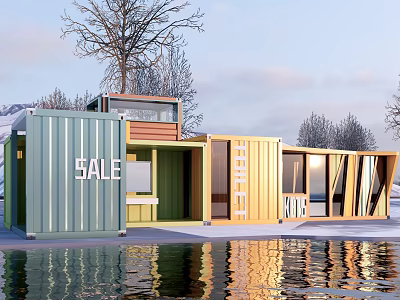 Modern Container Building With Multi Colored Units Glass Windows And Waterfront View 3d model