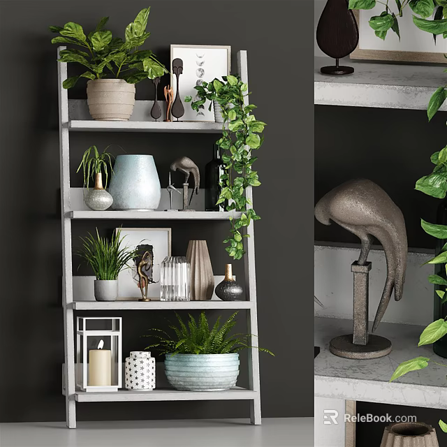 Elegant Decorative Items Set On Shelf With Green Plants Ceramic Vases And Sculptures 3d model 