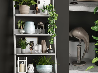 Elegant Decorative Items Set On Shelf With Green Plants Ceramic Vases And Sculptures 3d model
