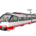 Modern Red and White Electric Tram with Large Windows Front View and Overhead Lines