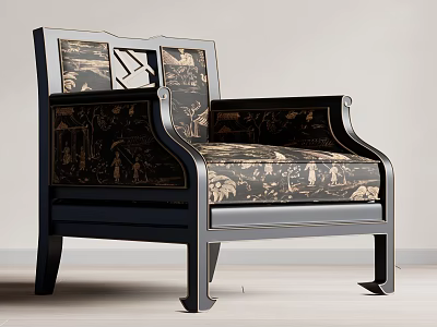 Upholstered Accent Chair With Black Frame And Decorative Pattern On Backrest And Seat 3d model