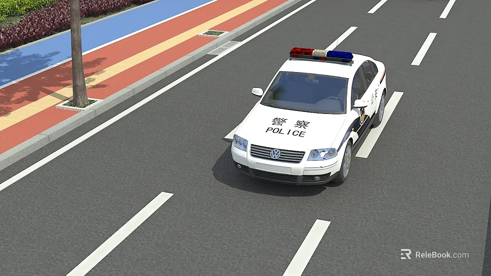 White Police Car With Red Blue Lights And POLICE Signage On Road 3d model 