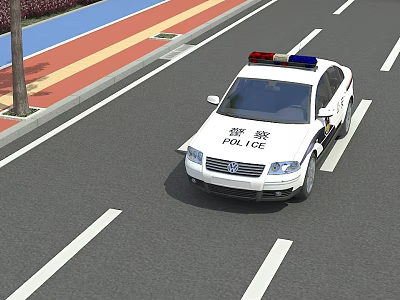 White Police Car With Red Blue Lights And POLICE Signage On Road 3d model