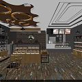 Dessert Shop Interior Design With Display Shelves Desserts Pendant Lights Tables Chairs And Wooden Counter