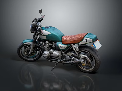 Vintage Teal Motorcycle With Brown Leather Seat And Metallic Design Elements 3d model