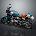 Vintage Teal Motorcycle With Brown Leather Seat And Metallic Design Elements
