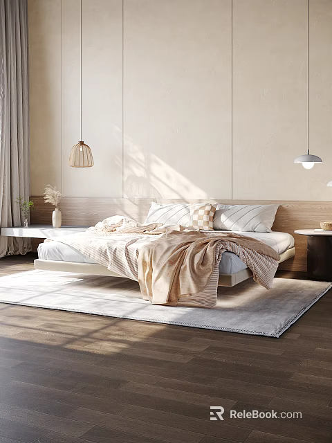 Cozy Bedroom Interior With Double Bed Beige Walls Pendant Lights Rug And Wooden Floor 3d model 