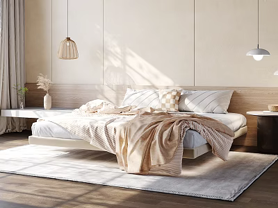 Cozy Bedroom Interior With Double Bed Beige Walls Pendant Lights Rug And Wooden Floor 3d model