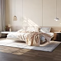 Cozy Bedroom Interior With Double Bed Beige Walls Pendant Lights Rug And Wooden Floor