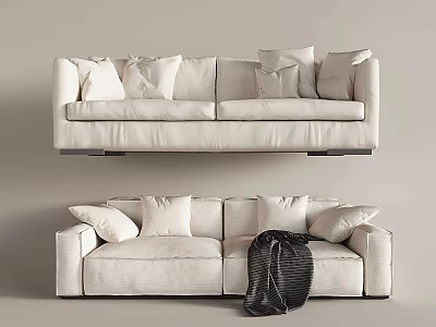 Light Beige Sectional Sofa with Plush Pillows and Dark Throw Blanket for Modern Home 3d model