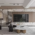 Modern Living Dining Room Interior Design With Sofa Cushions Marble Coffee Table And Wooden Wall