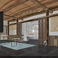 Traditional Modern Interior With Wooden Ceiling Beams Display Shelves Central Table And Black Tiled Floor