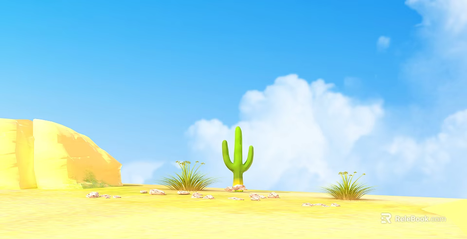 Cartoon Desert Scene with Green Cactus Blue Sky White Clouds Grass Stones and Distant Hills 3d model 