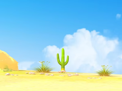 Cartoon Desert Scene with Green Cactus Blue Sky White Clouds Grass Stones and Distant Hills 3d model