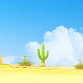 Cartoon Desert Scene with Green Cactus Blue Sky White Clouds Grass Stones and Distant Hills