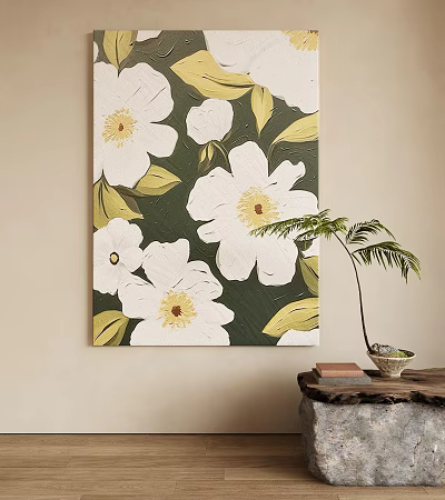 Abstract Flower Painting With White Blooms Green Leaves On Dark Background 3d model
