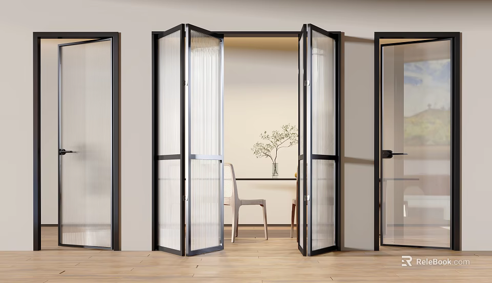 Modern Interior With Glass Folding Doors Black Frame Open Design and Living Space 3d model 