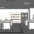 Commercial Kitchen Interior With Stainless Steel Equipment White Tiled Walls Ceiling Lights And Vegetable Racks