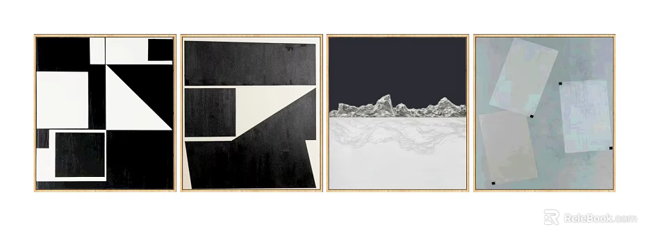 Modern Decorative Paintings With Geometric Patterns And Mountain Landscape In Golden Frames 3d model 