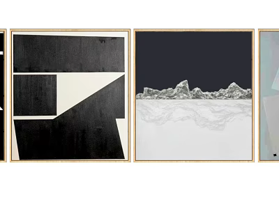 Modern Decorative Paintings With Geometric Patterns And Mountain Landscape In Golden Frames 3d model
