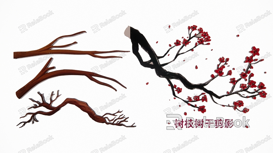 Modern 2D Branch Tree Trunk Flower Branch Silhouette model