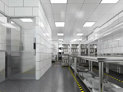Stainless Steel Commercial Kitchen With Worktables Storage Cabinets Lighting And Yellow Warning Lines 3d model