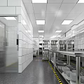 Stainless Steel Commercial Kitchen With Worktables Storage Cabinets Lighting And Yellow Warning Lines