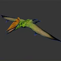 Flying Prehistoric Reptile With Green Body Orange Crested Head And Large Wings In Flight