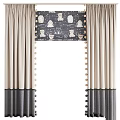 Beige Curtains with Gray White Pattern Roller Blind and Beaded Trim