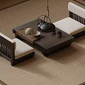 Japanese Style Wooden Tea Table And Chairs With Teapot And Soft Cushions
