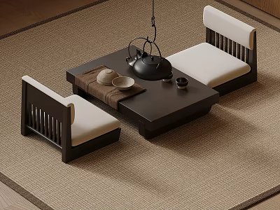 Japanese Style Wooden Tea Table And Chairs With Teapot And Soft Cushions 3d model