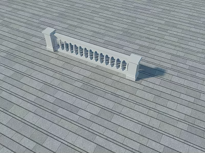 White Stone Fence with Circular Cutouts and Side Posts on Gray Tiled Floor 3d model