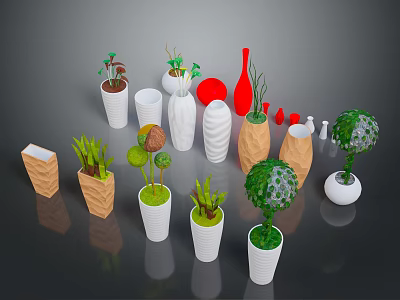 Colorful Decorative Vases With Green Plants In Different Shapes And Sizes 3d model