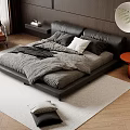 Modern Bedroom Interior With Black Leather Bed Gray Bedding And Orange Side Table 3d model