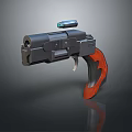 Modern Tactical Handgun With Black Body Red Wooden Grip And Blue Laser Sight