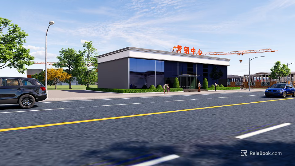 Modern Sales Office Building Exterior Design With Glass Facade And Landscaping 3d model 