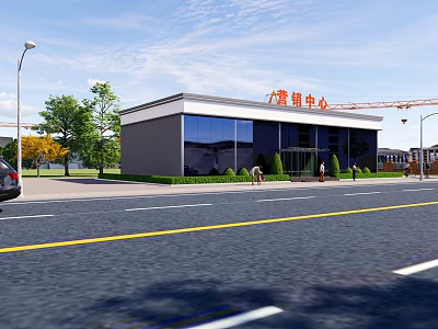 Modern Sales Office Building Exterior Design With Glass Facade And Landscaping 3d model