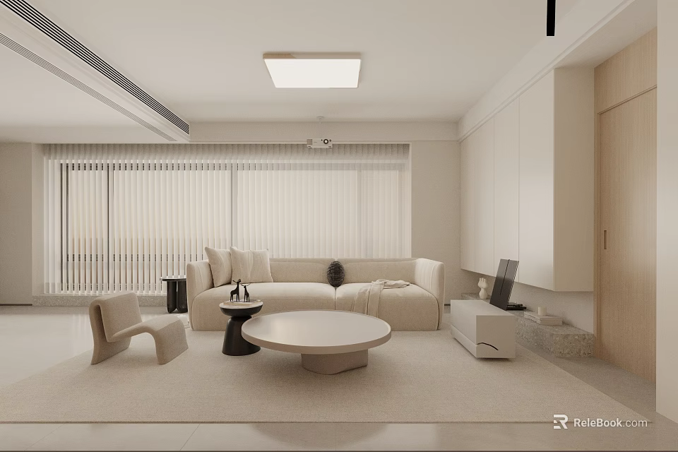 Modern Minimalist Living Room Interior With Beige Sofa Round Coffee Table And Large Windows 3d model 